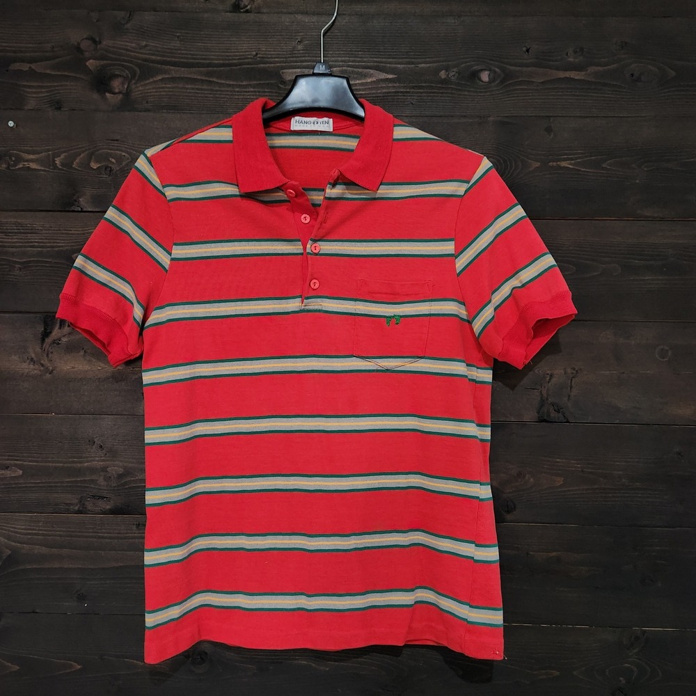 Vintage Hang Ten Striped Polo Shirt 80s Mens M/L Red Surf Knit Made in USA